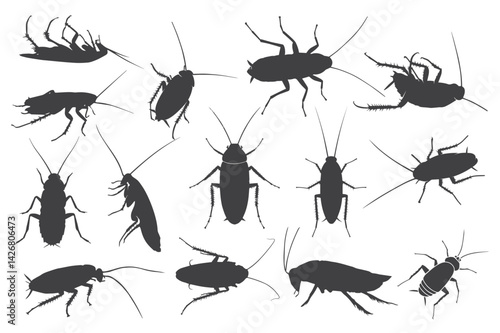 Cockroach silhouettes vector set featuring various cockroach's insect poses and angles for pest control designs, entomology studies, and graphic illustrations