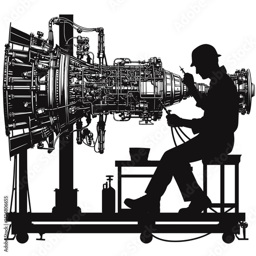 Engineer inspecting jet engine silhouette against workshop background  