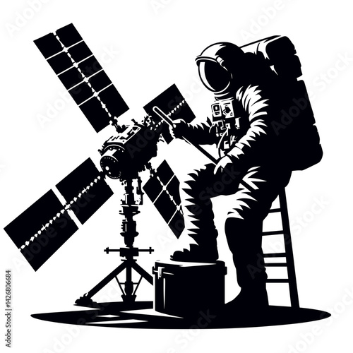 Astronaut conducting repairs on satellite in space setting  