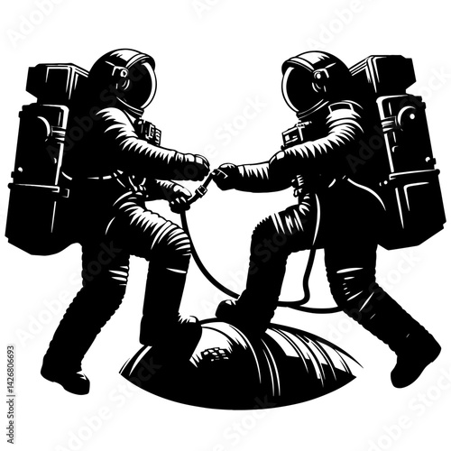 Astronauts collaborating in zero gravity on an alien planet  