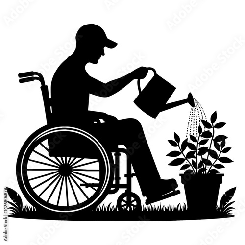 Man in Wheelchair Watering Plants in a Garden  