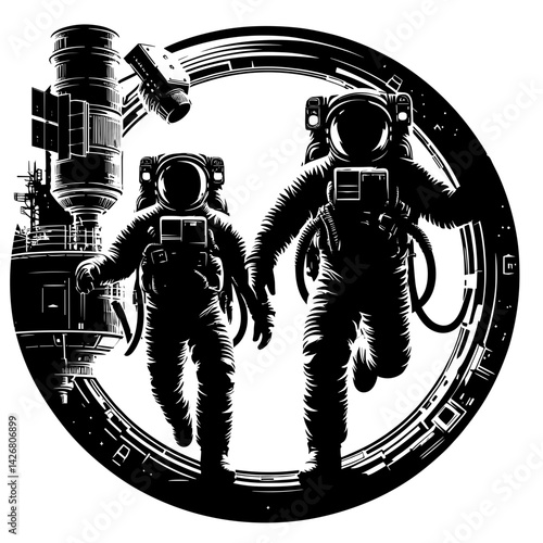 Astronauts exploring space in futuristic environment  