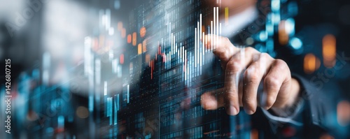 A businessman interacts with a digital dashboard displaying REIT KPIs and financial data.