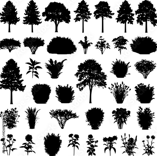 vector set of trees shrubberies flowers, silhouettes