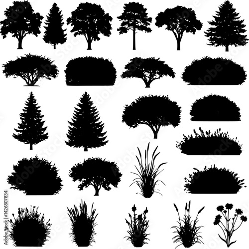 vector set of trees shrubberies flowers, silhouettes
