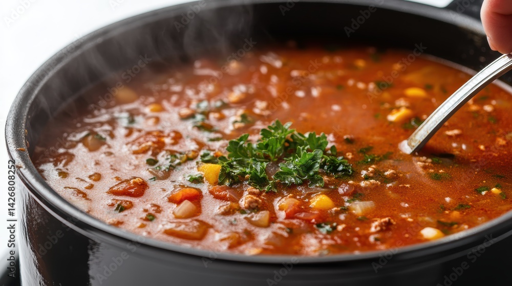 Close-up of person stirring soup in kitchen, isolated on white background Close-up of person stirring soup in kitchen, isolated on white background
