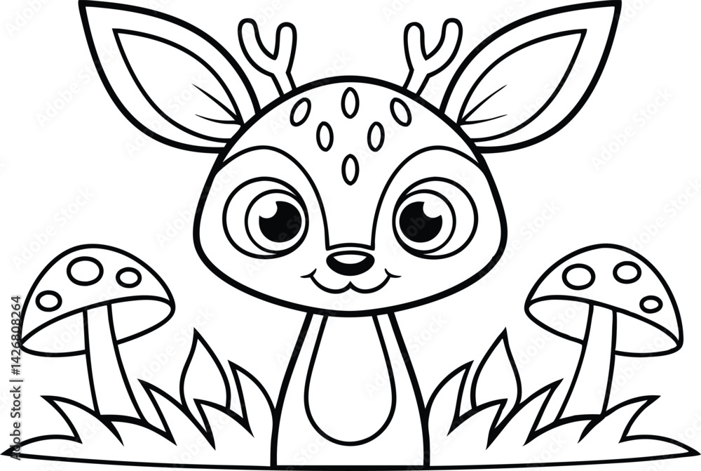 Fototapeta premium Cute Spotted Baby Deer Cartoon With Mushrooms in Black Outline Style