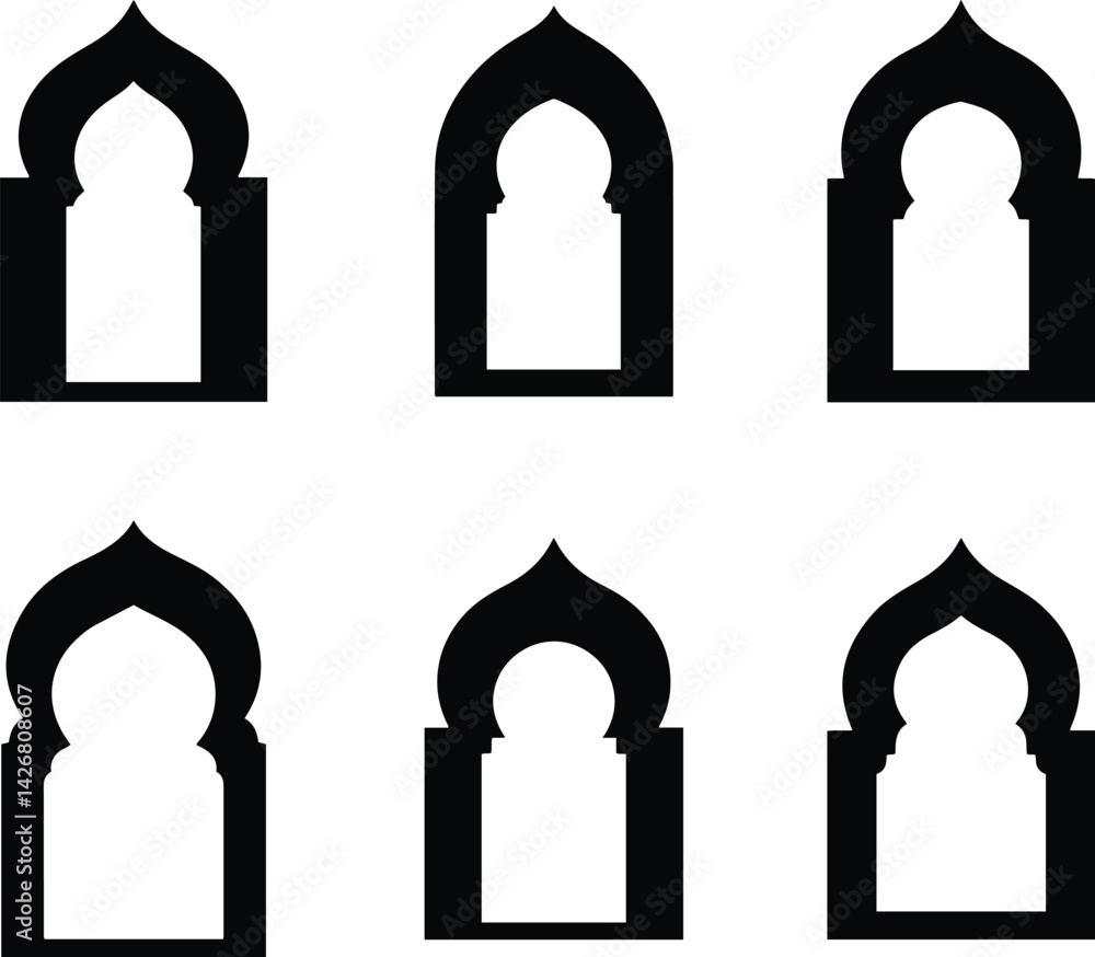 Islamic Arch Silhouette Icons – Vector Mosque Window Frames & Middle Eastern Architecture Design Islamic Arch Silhouette Icons – Vector Mosque Window Frames & Middle Eastern Architecture Design