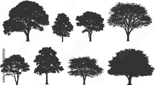 vector set of trees shrubberies flowers, silhouettes