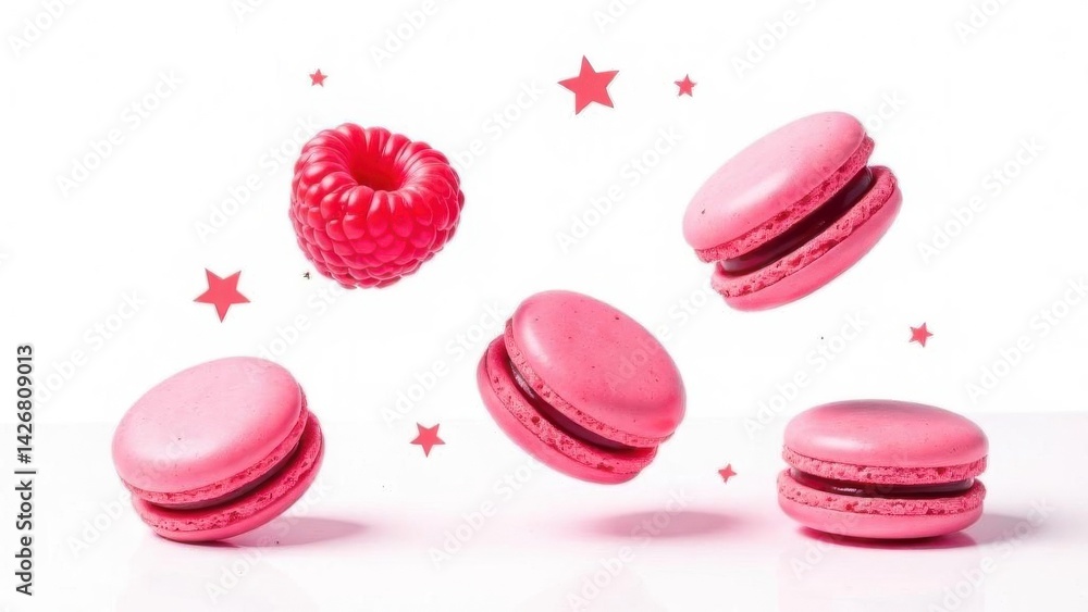 On a white background pink macarons with raspberries On a white background pink macarons with raspberries
