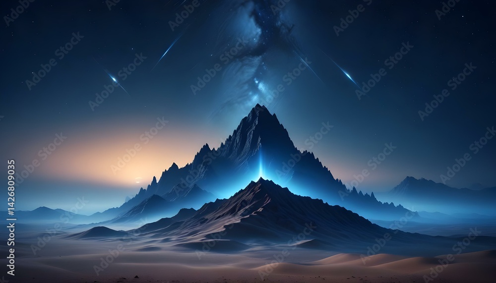 Fototapeta premium Surreal glowing mountain in a blue desert under a starry night sky with soft fog