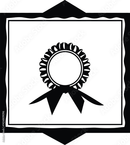 Award Ribbon Badge Illustration, Black White Line Drawing, Achievement Symbol Vector