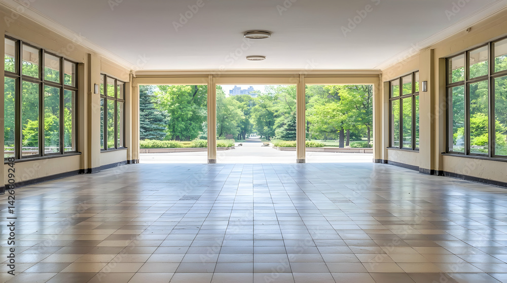 Fototapeta premium Empty Beige Corridor With Large Windows Offering Garden View