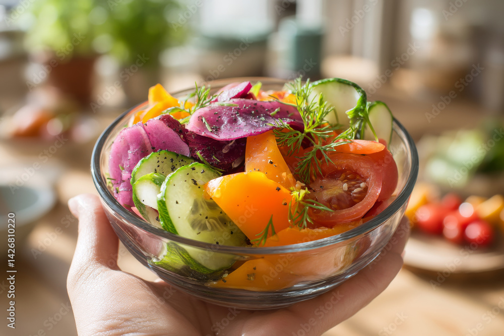 Colorful mixed vegetable salad with tomatoes, lettuce and cucumber in bowl with blurred kitchen background. Healthy vegetarian meal