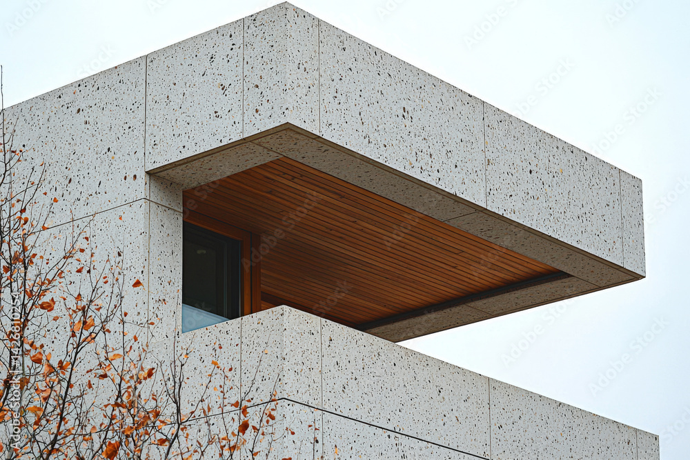 Modern building with terrazzo facade. Concept of minimalism and modern brutalism in residential architecture