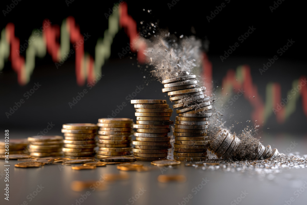 Falling stack of coins with red stock chart in background. Concept of economic downturn, inflation or stock market crash