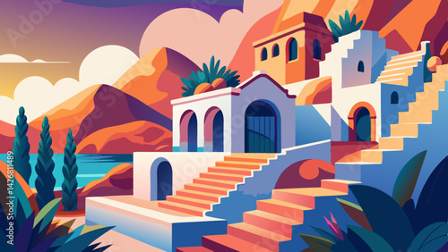 Vibrant Mediterranean White Building Landscape with Colorful Steps and Azure Sea