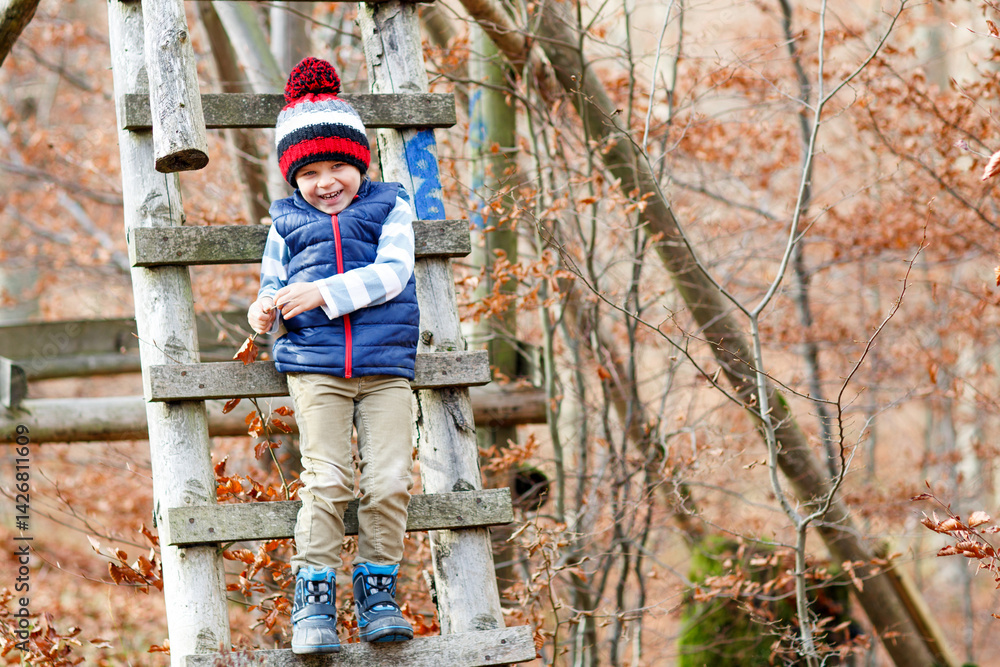 Cute little kid boy climing on treehouse in forest on autumn day