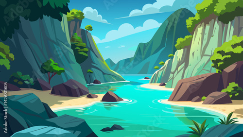 Alpine Valley Landscape with Tranquil Lake and Snow-capped Mountains