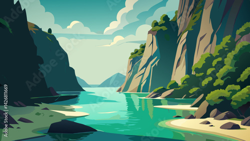 Alpine Valley Landscape with Tranquil Lake and Snow-capped Mountains