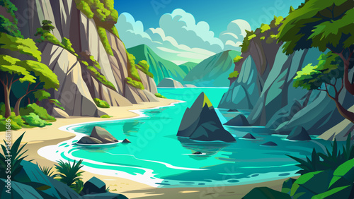Alpine Valley Landscape with Tranquil Lake and Snow-capped Mountains