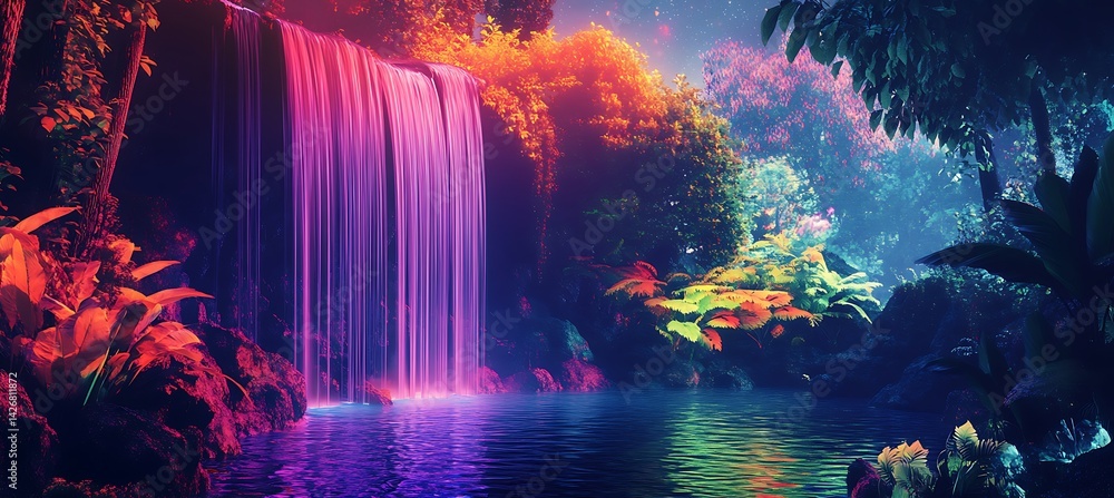 Obraz premium A cyberpunk valley where AI-controlled holographic rivers flow in neon streams