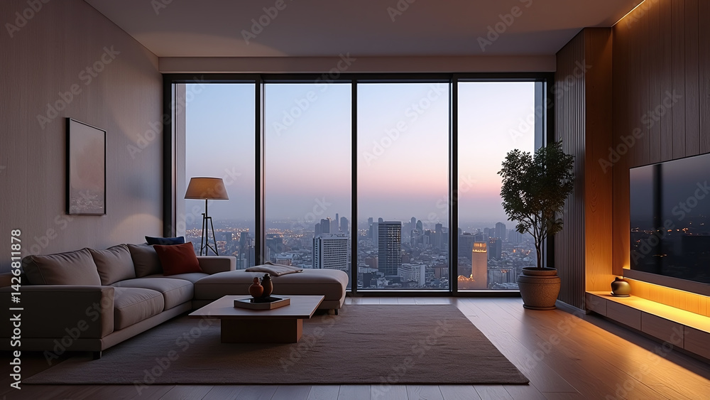 Fototapeta premium Living Room Interior with Cityscape View at Dusk