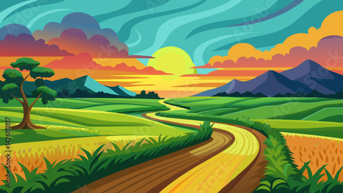 Scenic Rural Landscape at Sunset: Winding Dirt Road through Vibrant Rice Paddies