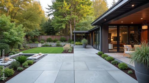 Landscaped Backyard with Patio, Pond, and Modern House