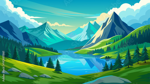 Alpine Valley Landscape with Tranquil Lake and Snow-capped Mountains