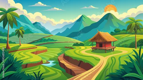 Picturesque Landscape Painting of a Serene Valley with Rice Paddies, Stream, and Rustic House