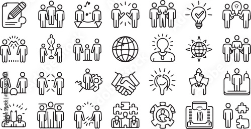 Workshop set of web icons in line style. Business Workshop icons for web and mobile app. Containing team building, teamwork, coaching, meeting, managing, coaching, motivation and more