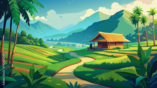 Picturesque Landscape Painting of a Serene Valley with Rice Paddies, Stream, and Rustic House