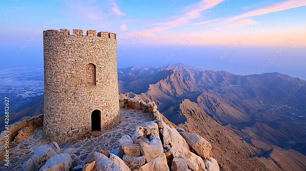 Stone tower atop majestic mountain range at sunset, overlooking vast landscape Stone tower atop majestic mountain range at sunset, overlooking vast landscape