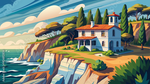 Serene Coastal Retreat: Mediterranean Cliffside House Painting with Ocean View