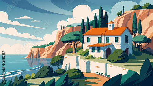 Serene Coastal Retreat: Mediterranean Cliffside House Painting with Ocean View