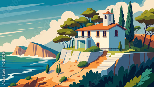 Serene Coastal Retreat: Mediterranean Cliffside House Painting with Ocean View
