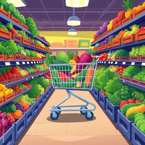 Vibrant Grocery Store Aisle Scene with Shopping Carts Filled with Fresh Produce