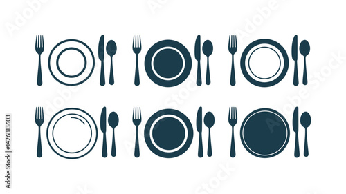 Culinary Arrangement: A top-down composition showcases an organized sequence of dining essentials, comprising plates, knives, spoons, and forks, arranged in a minimalist setting.