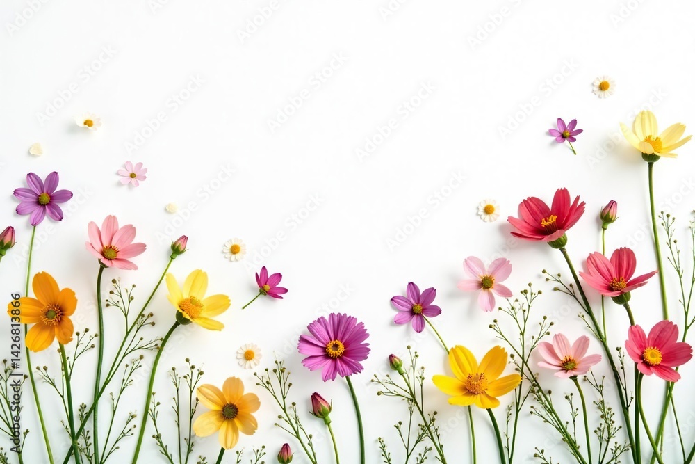 Naklejka premium Delicate, scattered wildflowers on white background, white, wallpaper, graphic