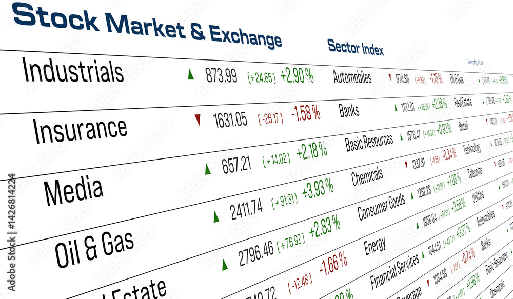 Stock market and exchange, sector index data, Industrials, insurance, media, oil and gas. Trading, financial market, ticker board, business. 3D illustration Stock market and exchange, sector index data, Industrials, insurance, media, oil and gas. Trading, financial market, ticker board, business. 3D illustration