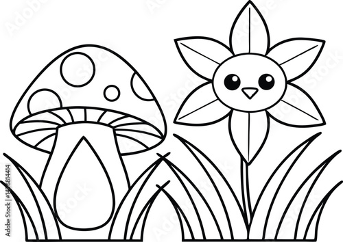 Line Art Flower and Mushroom Cartoon with Eyes in Meadow on Transparent Background