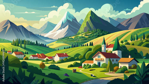 Picturesque Valley Landscape with Lush Mountain and Charming Village Scene