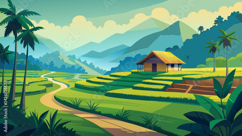 Picturesque Landscape Painting of a Serene Valley with Rice Paddies, Stream, and Rustic House