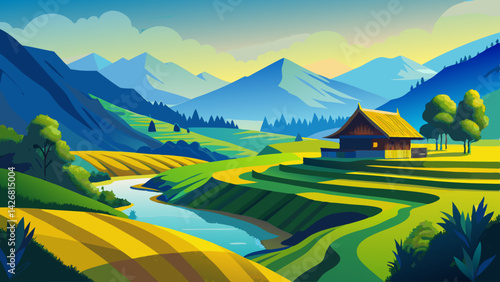 Picturesque Landscape Painting of a Serene Valley with Rice Paddies, Stream, and Tropical Ambiance