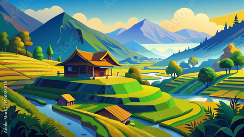 Picturesque Landscape Painting of a Serene Valley with Rice Paddies, Stream, and Tropical Ambiance