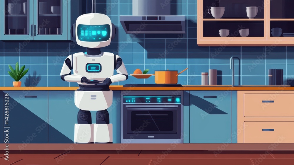 A futuristic smart robot housekeeper efficiently cooking in a modern kitchen. A futuristic smart robot housekeeper efficiently cooking in a modern kitchen.