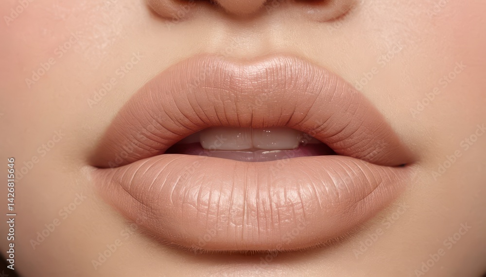 Fototapeta premium Close-up of Nude Lip Makeup Smooth, Hydrated, and Naturally Beautiful Lips