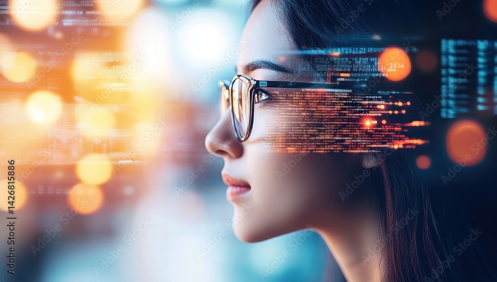 Woman with glasses looks towards abstract digital lights and data visualization. Woman with glasses looks towards abstract digital lights and data visualization.