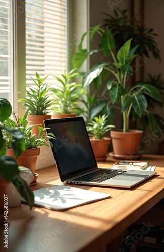 Wallpaper Mural Cozy home office workspace with laptop, plants, books, glasses on wooden desk. Green plants, natural light create inviting study, work environment. Modern home office with sunlight, comfortable Torontodigital.ca